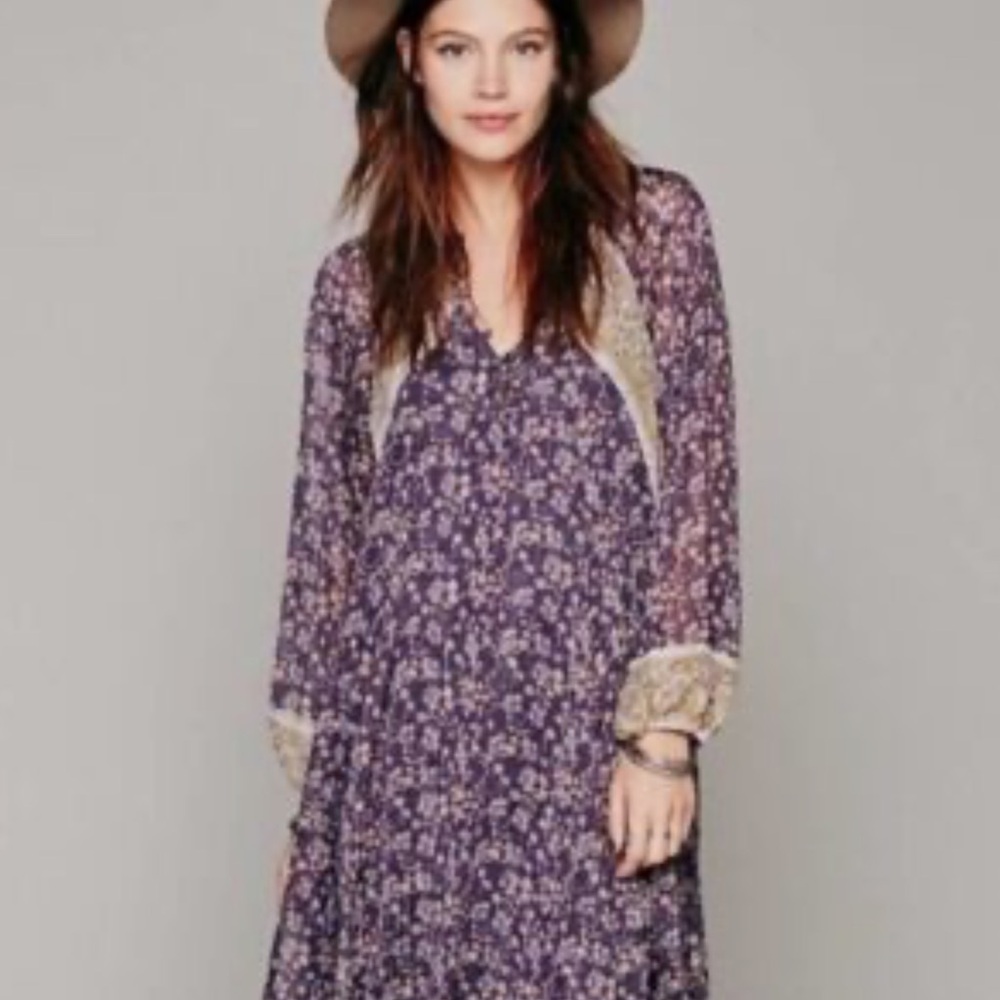 Free People Purple Floral Long Sleeve Dress